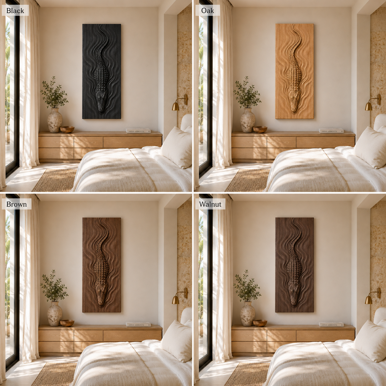 Crocodile Wood Wall Art – Solid Wood 3D Relief Carving for Bedroom Decor