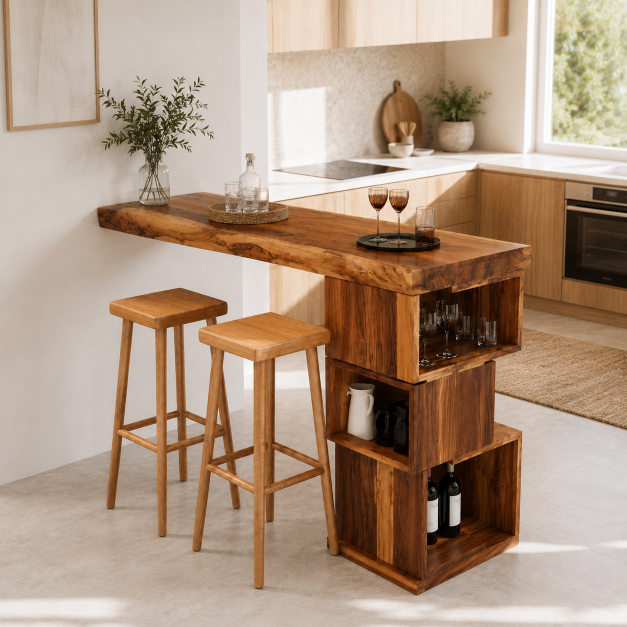 Outdoor Wood Bar Table Set – Solid Wood Balcony Bar Counter with Storage and Stools