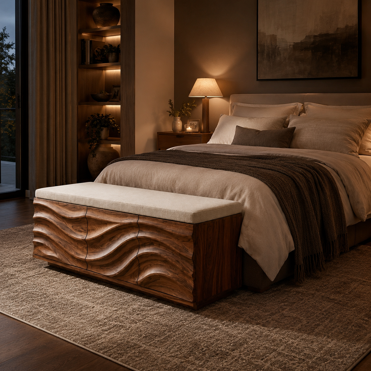 Wave Carved Wood Bedroom Bench – Solid Wood End of Bed Storage Bench with Upholstered Cushion