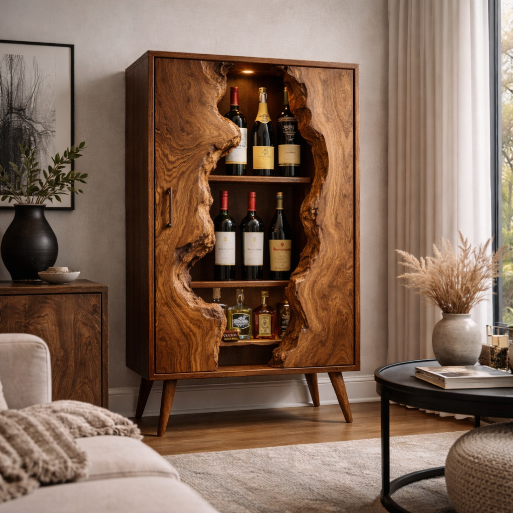 Live Edge Wine Cabinet – Solid Wood Bottle Storage Cabinet for Home Bar Decor