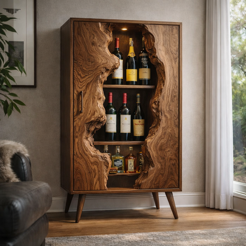 Live Edge Wine Cabinet – Solid Wood Bottle Storage Cabinet for Home Bar Decor