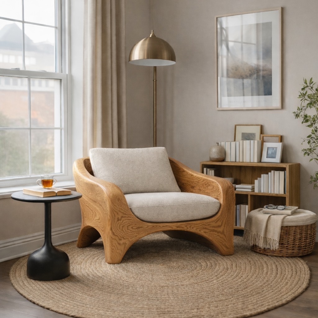 Curved Solid Wood Lounge Chair with Cushion – Organic Modern Accent Chair