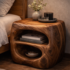 Handcrafted Solid Wood Nightstand – Sculptural Bedside Table with Open Storage