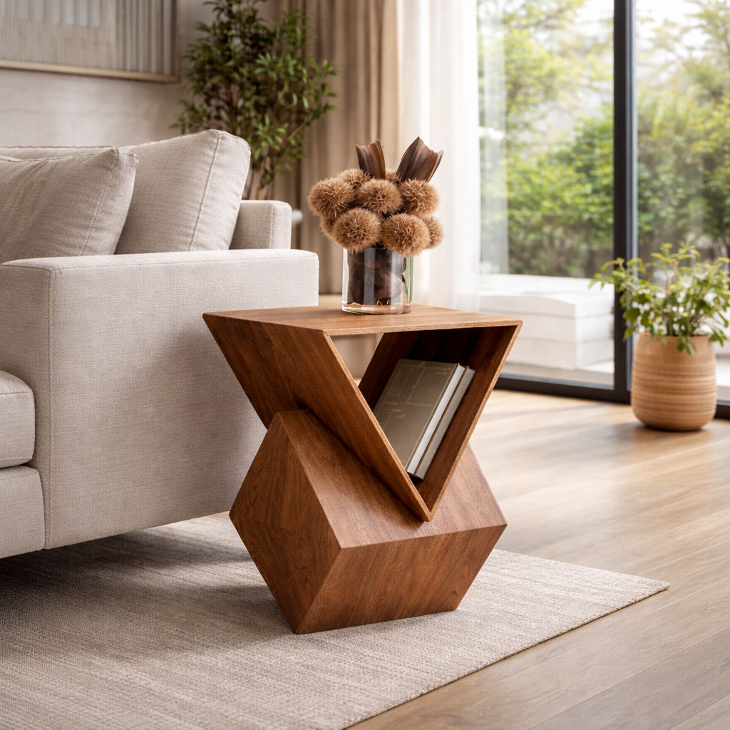 Geometric Sculptural Wooden Side Table – Modern Accent Furniture