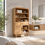Rounded Wood Bathroom Storage Cabinet – Solid Wood Linen Cabinet with Shelves for Bathroom Decor