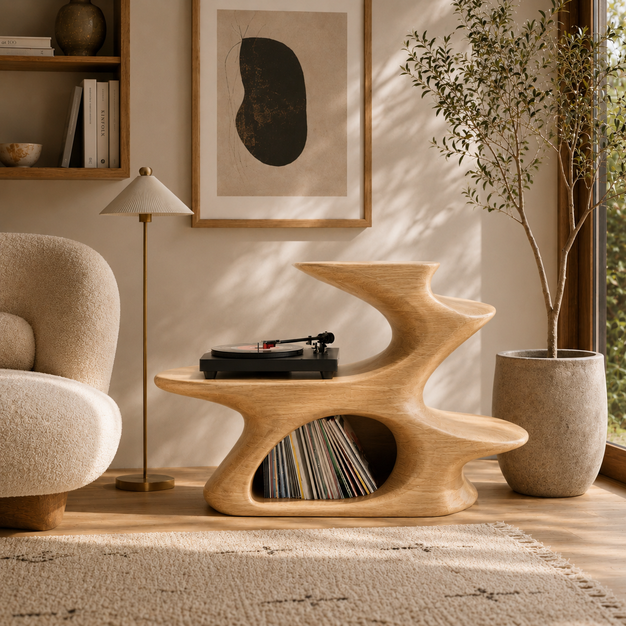 Modern Sculptural Wooden Side Table – Solid Wood Accent Table with Magazine Storage for Living Room
