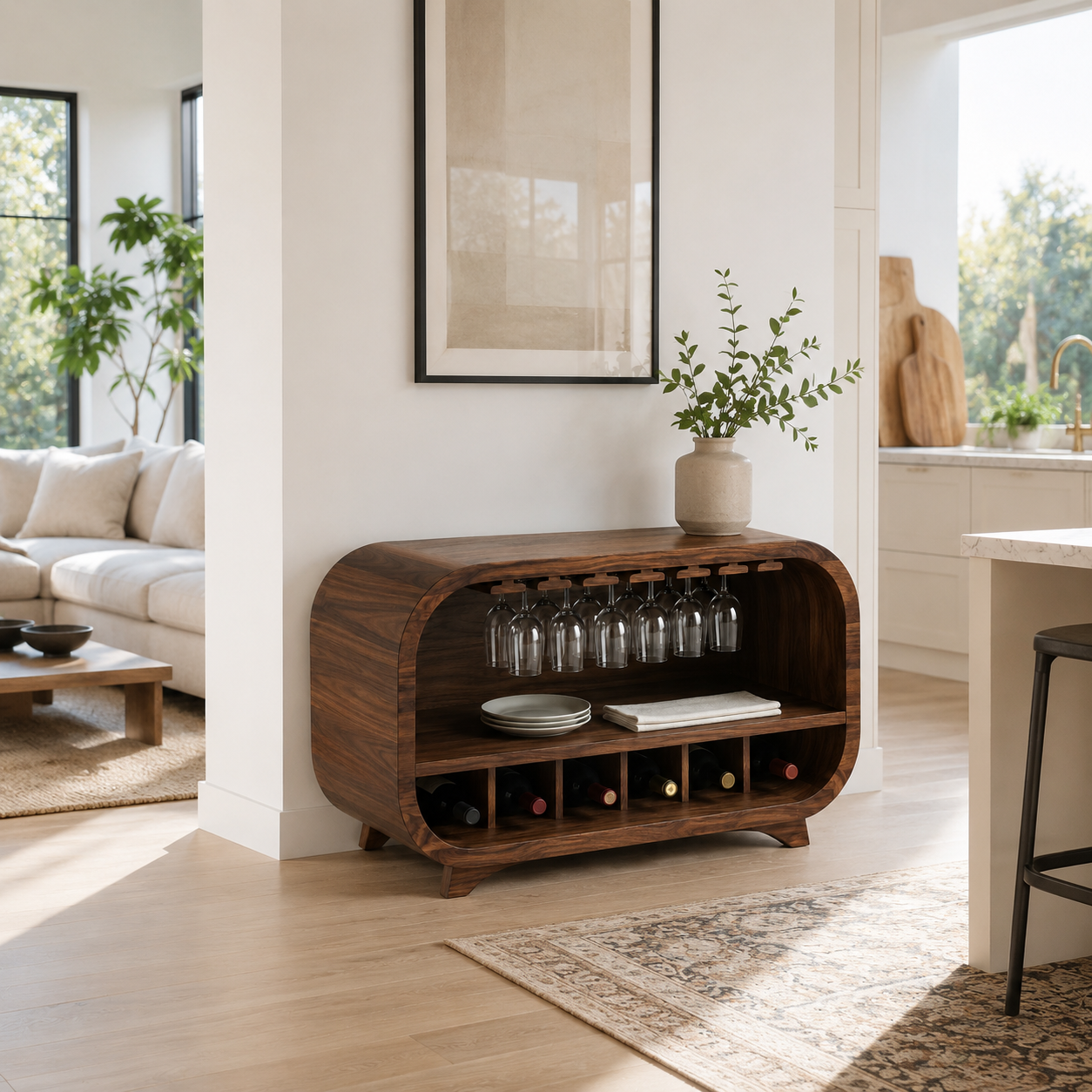 Curved Wood Bar Cabinet – Solid Wood Wine Storage Cabinet with Glass Holder for Living Room Decor