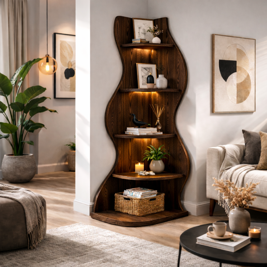 Corner Bookcase – Sculptural Solid Wood Display Shelf