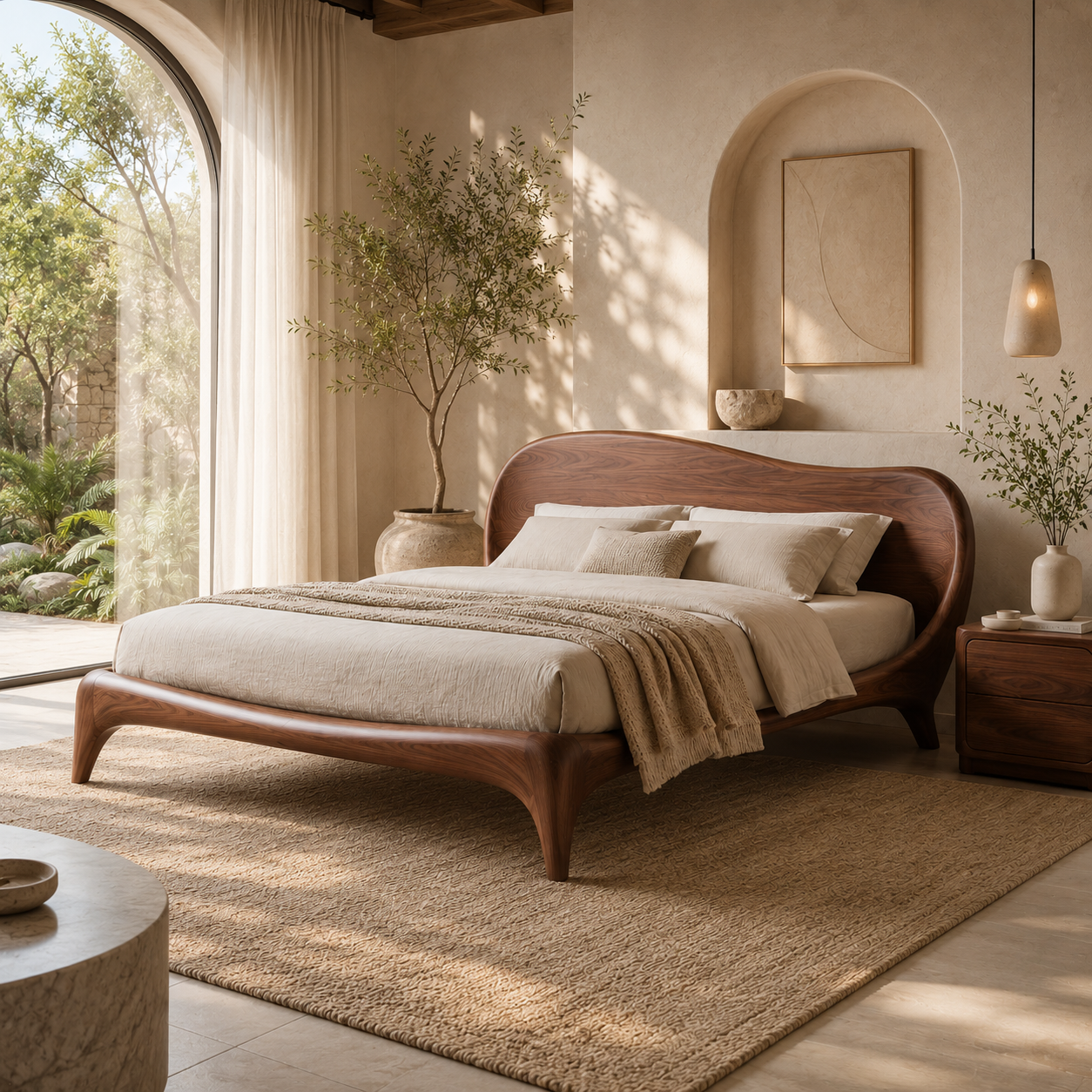 Curved Bed Frame – Solid Wood Platform Bed for Modern Bedroom
