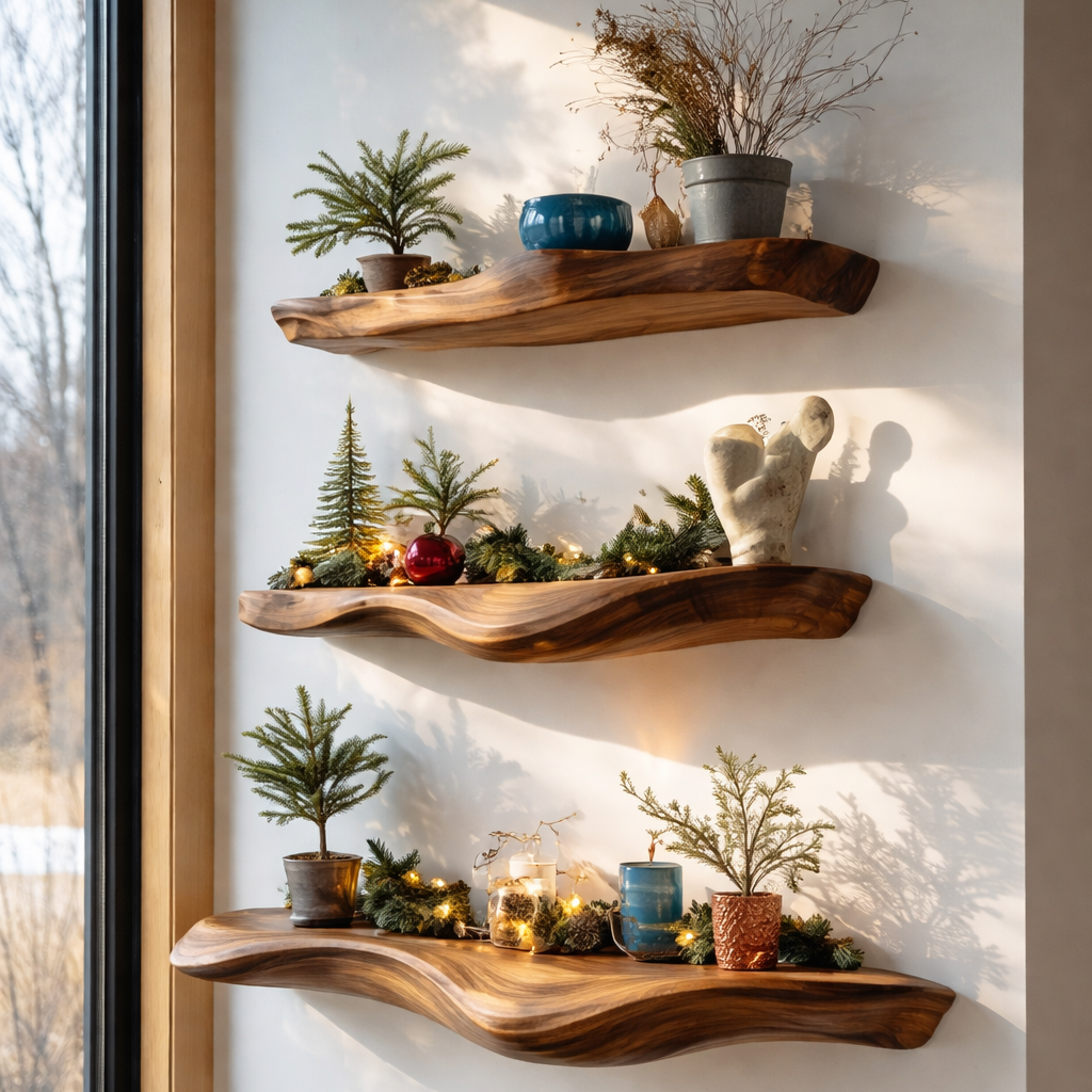 Solid Wood Live Edge Floating Shelves – Natural Rustic Storage