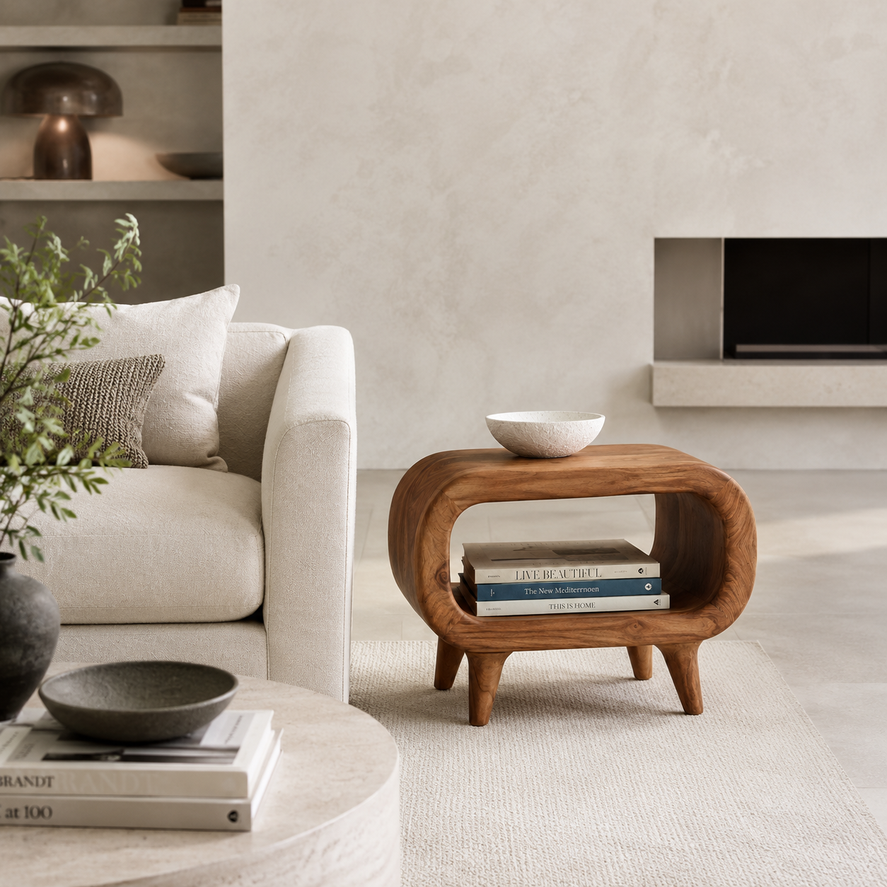 Curved Wood Side Table – Solid Wood End Table for Living Room Decor