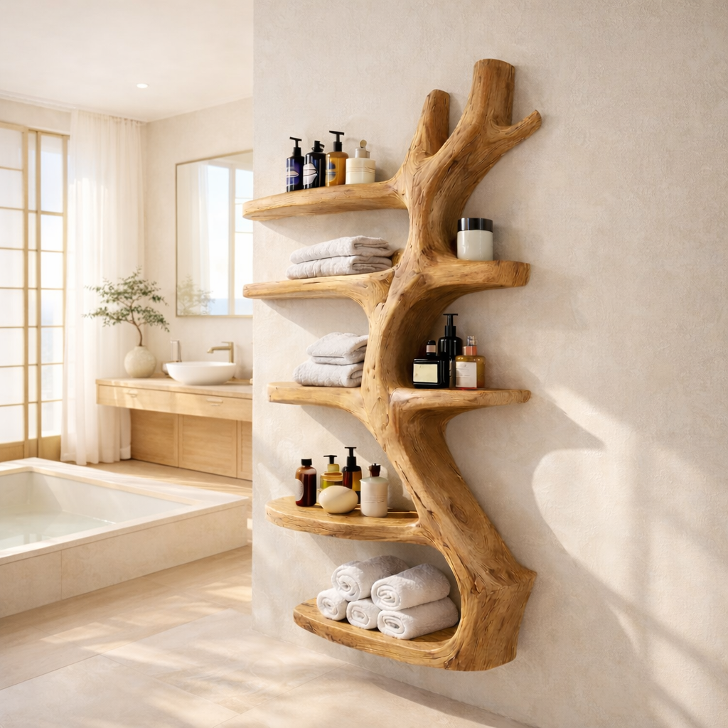 Sculptural Bathroom Shelf – Solid Wood Towel Shelf for Bathroom Decor