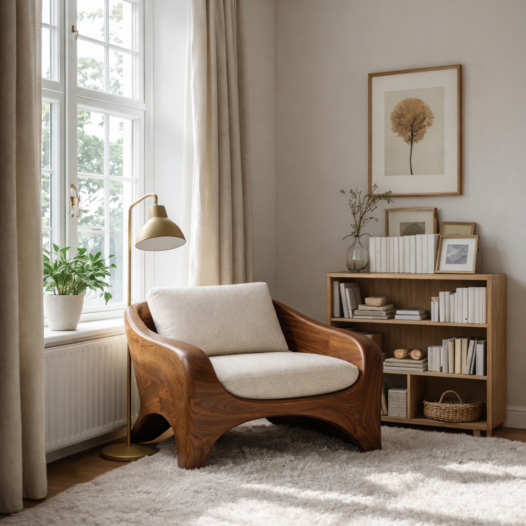 Curved Solid Wood Lounge Chair with Cushion – Organic Modern Accent Chair