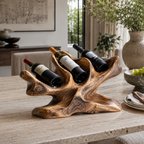 Sculptural Wood Wine Rack – Solid Wood 3 Bottle Display Stand for Home Bar Decor