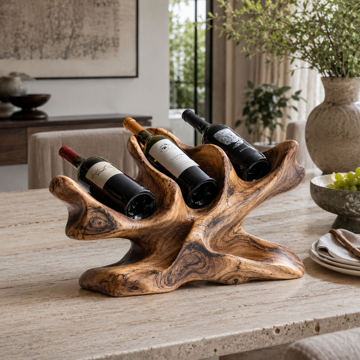 Sculptural Wood Wine Rack – Solid Wood 3 Bottle Display Stand for Home Bar Decor