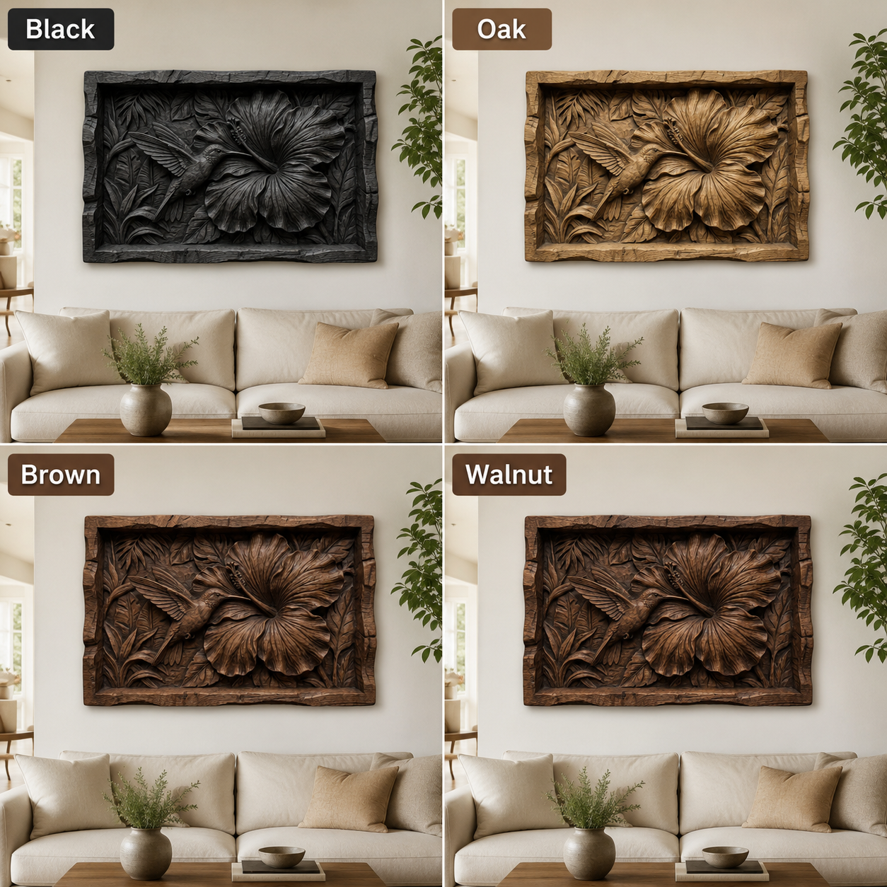 Hummingbird Flower Wood Wall Art – Solid Wood 3D Relief Carving for Home Decor