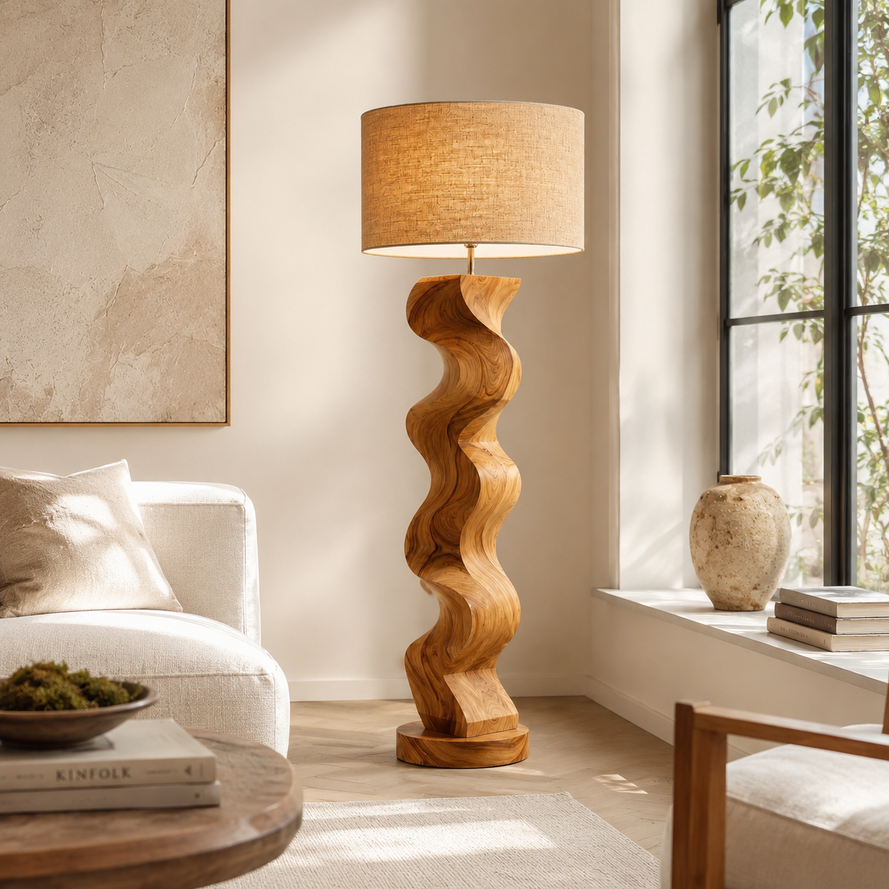 Sculptural Wood Floor Lamp – Solid Wood Wavy Standing Lamp with Fabric Shade for Living Room Decor