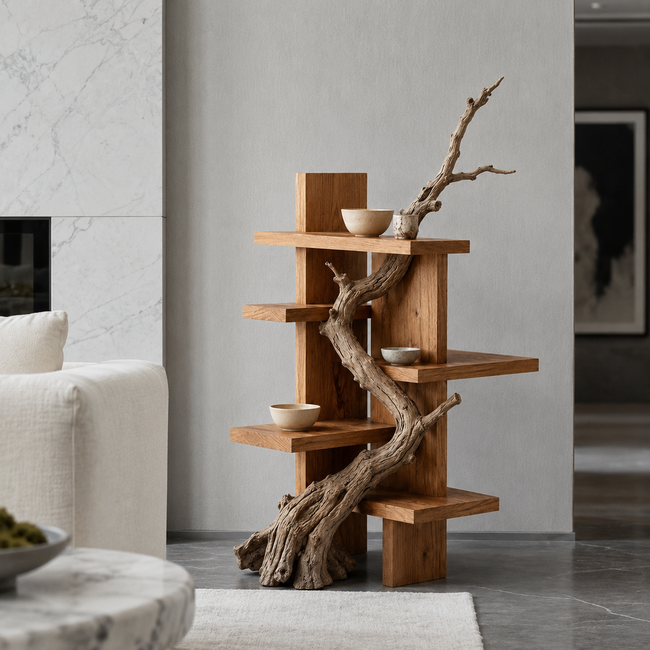 Branch Wood Display Shelf – Solid Wood Standing Shelf with Natural Driftwood Accent Hover Image