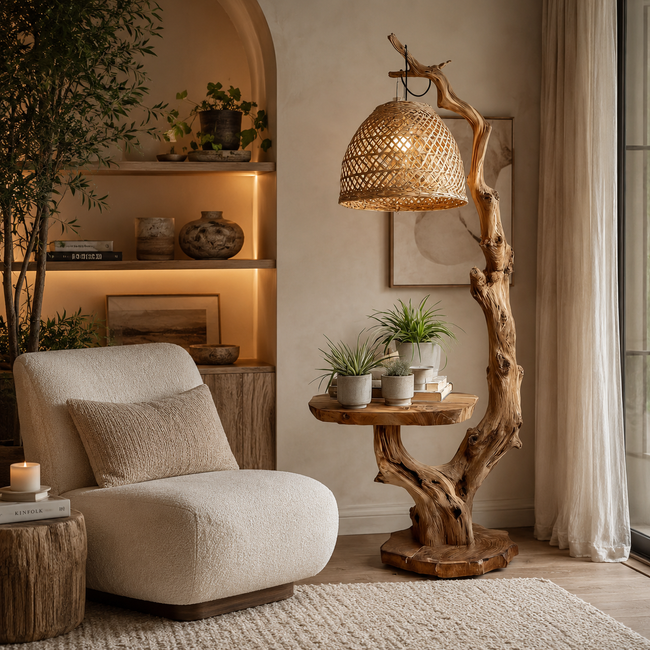 Tree Branch Floor Lamp – Solid Wood Standing Light with Shelf Main Image