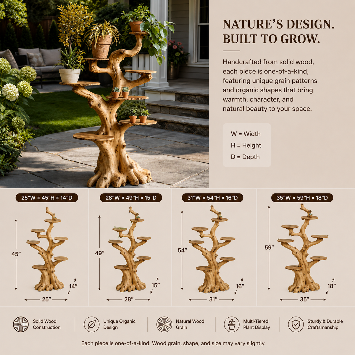 Tree Plant Stand – Solid Wood Multi-Tier Planter Shelf for Garden Decor