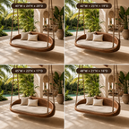Round Wood Hanging Swing Sofa – Solid Wood Indoor Porch Swing with Cushions for Sunroom Decor
