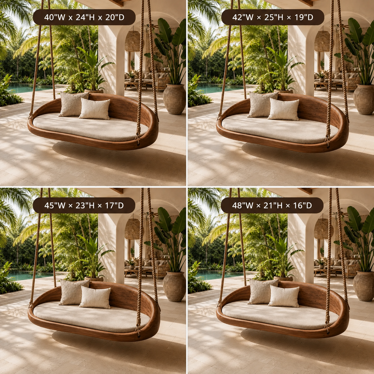 Round Wood Hanging Swing Sofa – Solid Wood Indoor Porch Swing with Cushions for Sunroom Decor