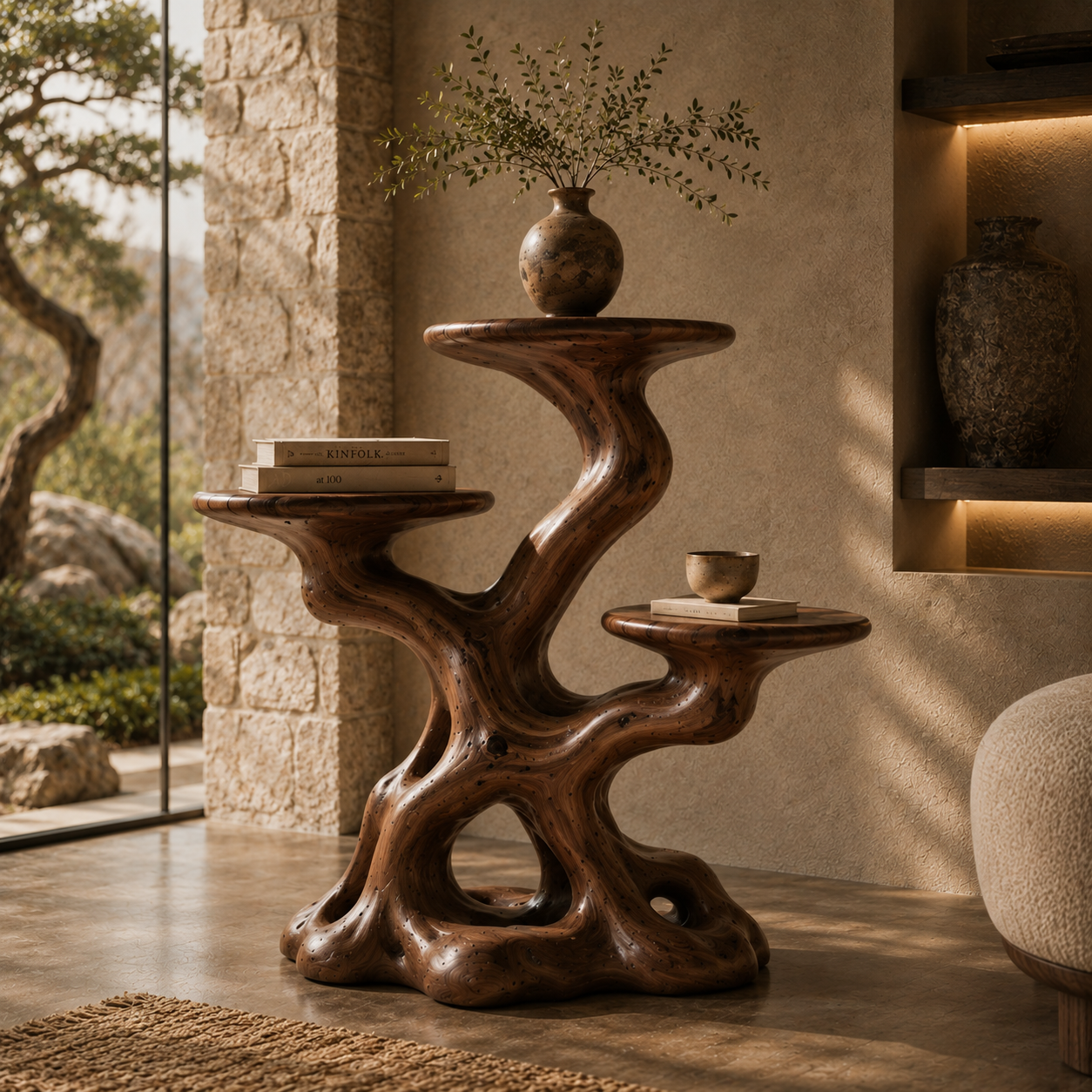 Sculptural Wooden Plant Stand – Solid Wood Display Table for Living Room and Modern Home Decor
