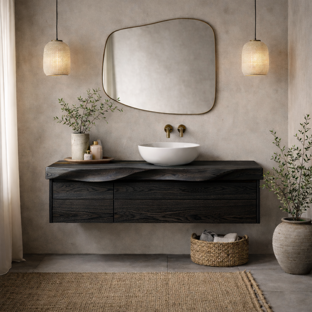 Modern Solid Wood Floating Bathroom Vanity with Sculpted Front