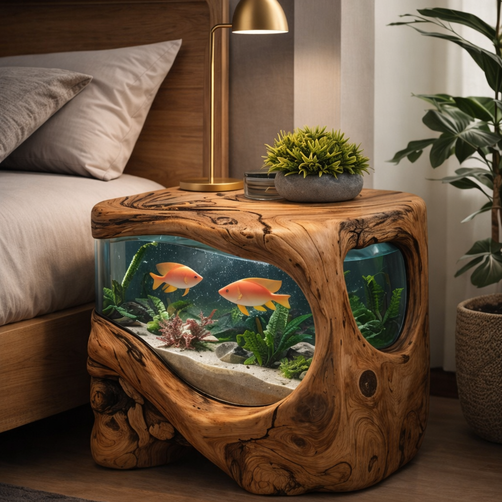 Handcrafted Solid Wood Aquarium Side Table – Sculptural Fish Tank End Table