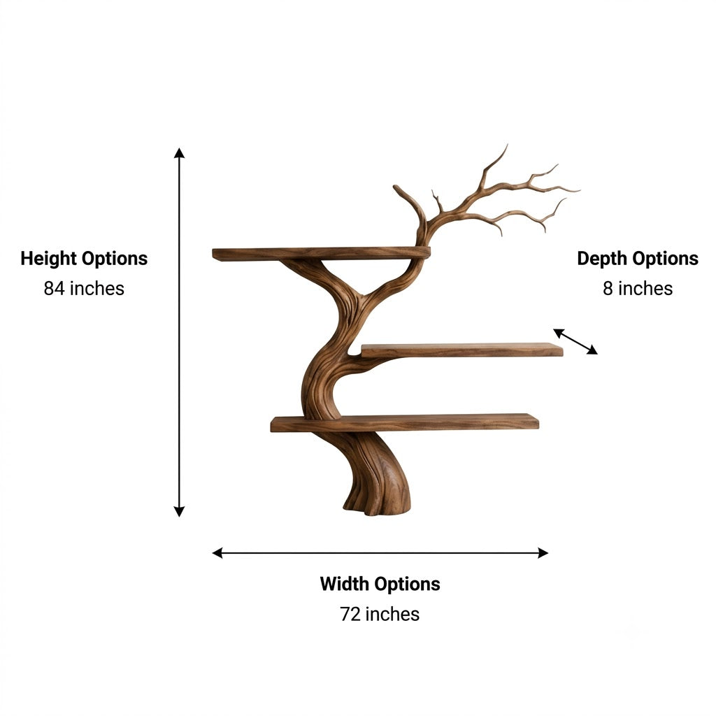 Tree Branch Wood Bookshelf – Solid Wood Wall Shelf with Sculptural Tree Design