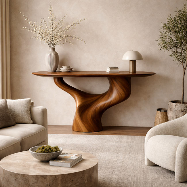 Modern Sculptural Solid Wood Console Table with Curved Base for Entryway Main Image
