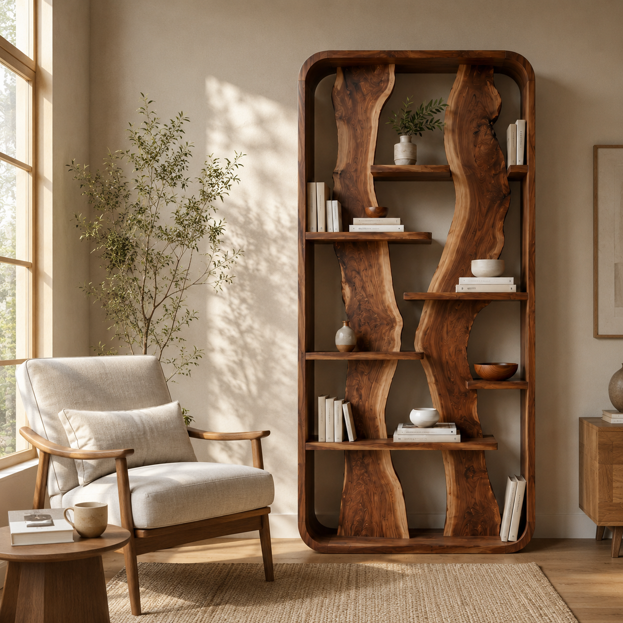 Organic Wood Bookshelf – Solid Wood Display Shelf for Living Room Decor