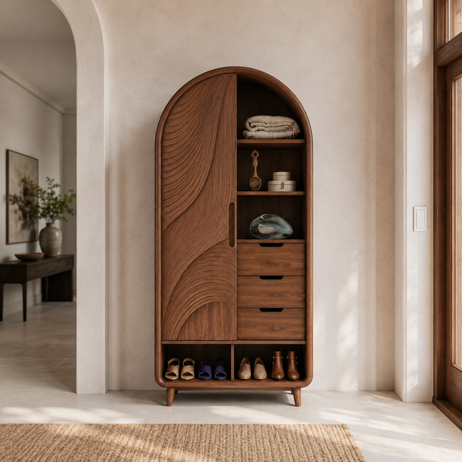 Arched Wood Wardrobe – Solid Wood Carved Storage Cabinet for Bedroom Decor Main Image