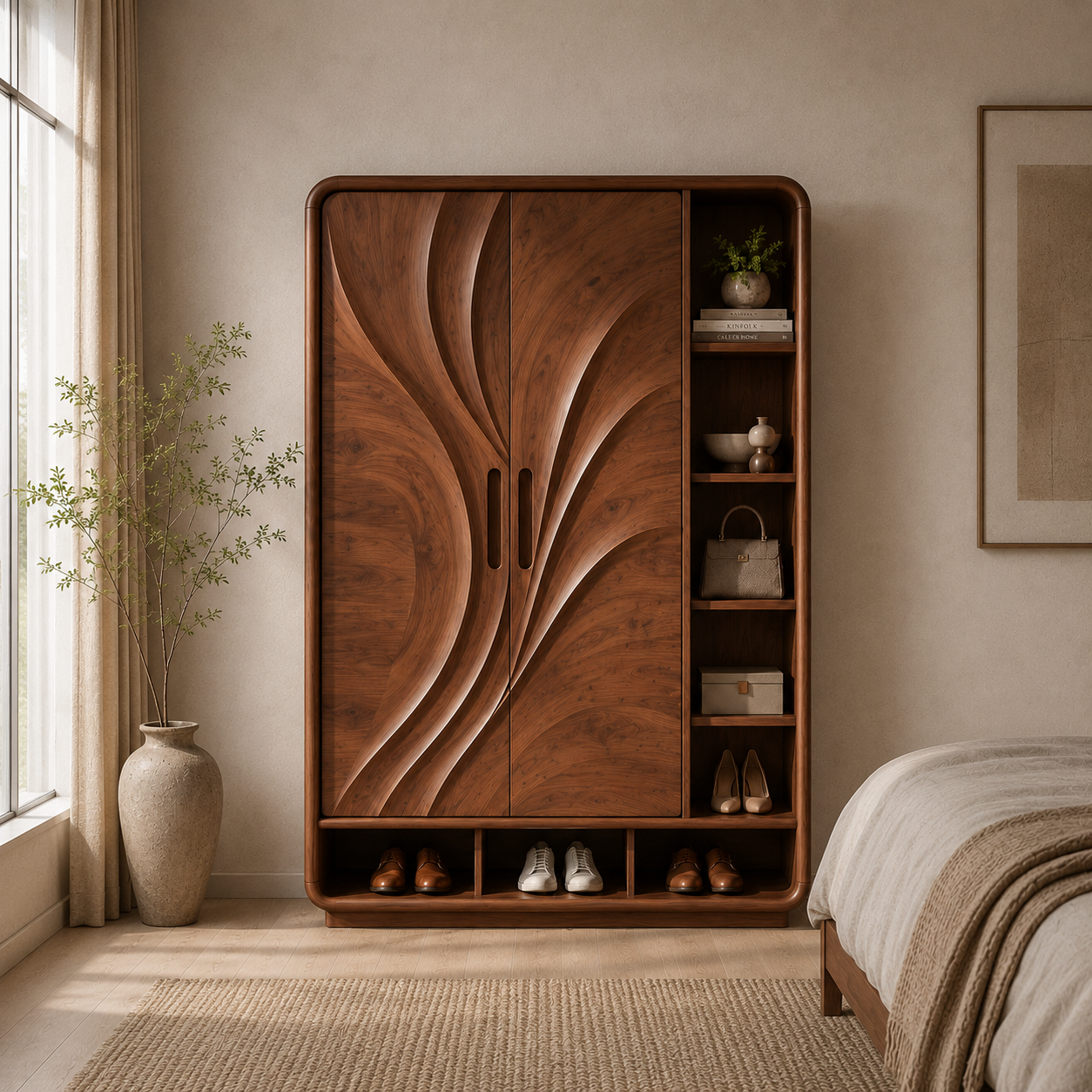 Carved Wood Wardrobe – Solid Wood Storage Cabinet for Bedroom Decor
