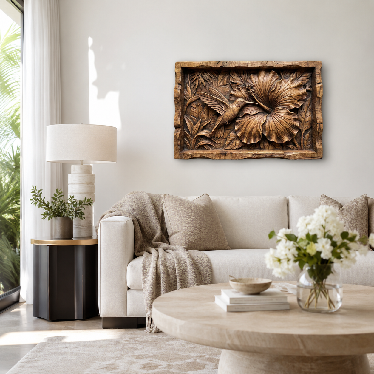 Hummingbird Flower Wood Wall Art – Solid Wood 3D Relief Carving for Home Decor
