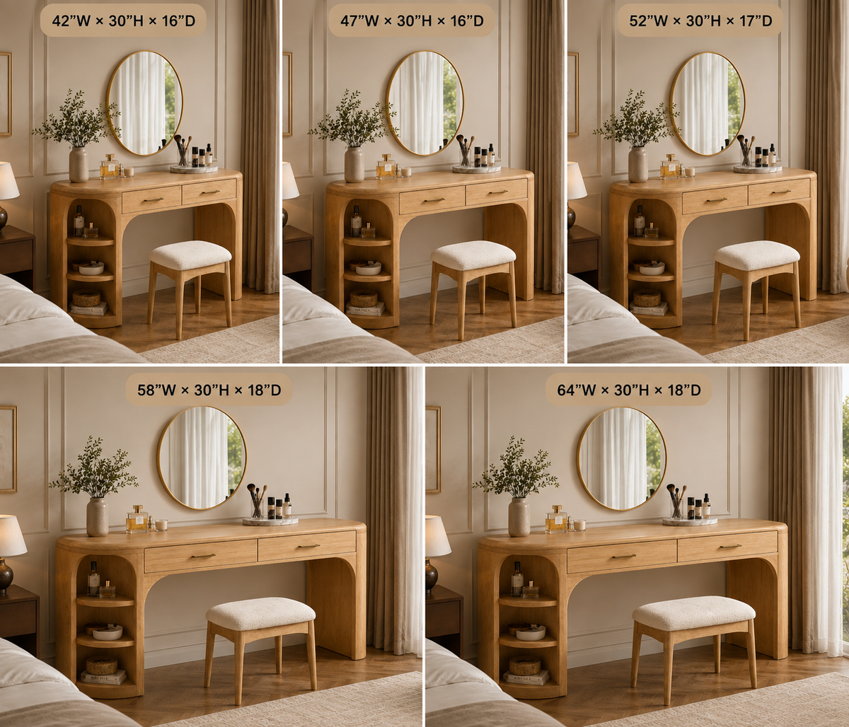 Makeup Vanity Table – Solid Wood Vanity with Round Mirror and Stool