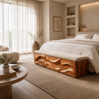 Wave Carved Wood Bedroom Bench – Solid Wood End of Bed Storage Bench with Upholstered Cushion