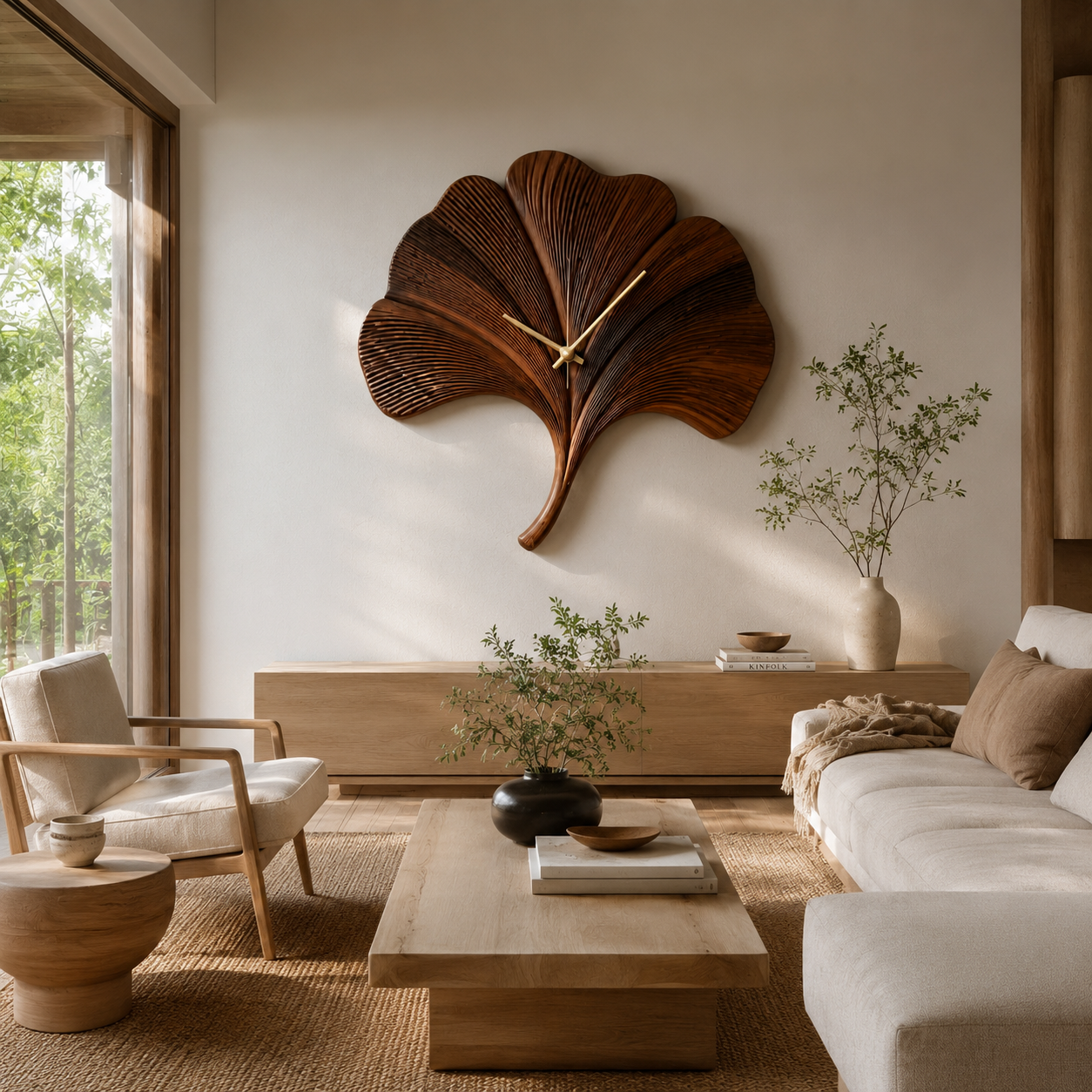 Ginkgo Leaf Wood Wall Clock – Solid Wood Decorative Clock for Living Room Decor
