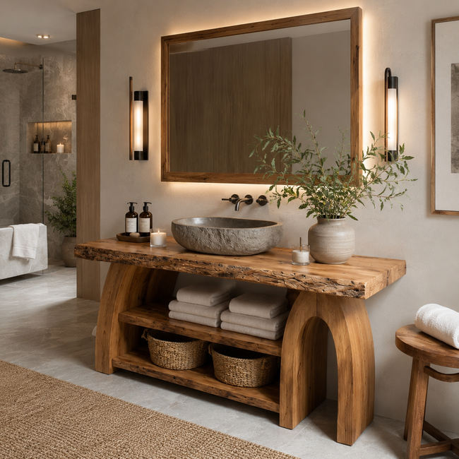 Live Edge Wood Bathroom Vanity – Solid Wood Sink Console with Storage Shelves for Bathroom Decor Main Image
