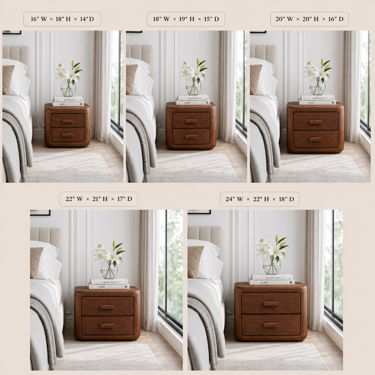 Rounded Wood Nightstand – Solid Wood Bedside Table for Bedroom Decor