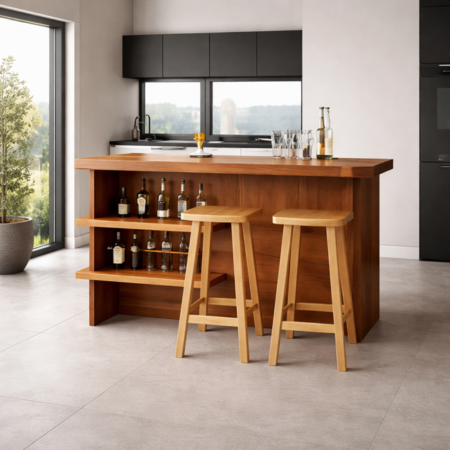 Solid Wood Kitchen Island with Storage and Seating – Modern Farmhouse Kitchen Island Table with Wine Rack Hover Image