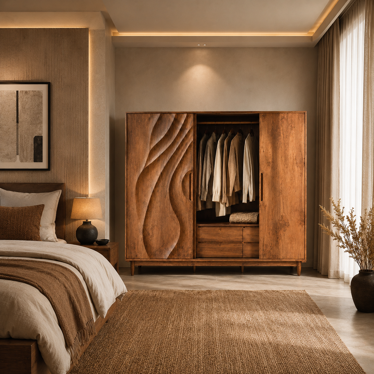 Carved Wood Wardrobe – Solid Wood Sliding Closet Cabinet for Bedroom Decor
