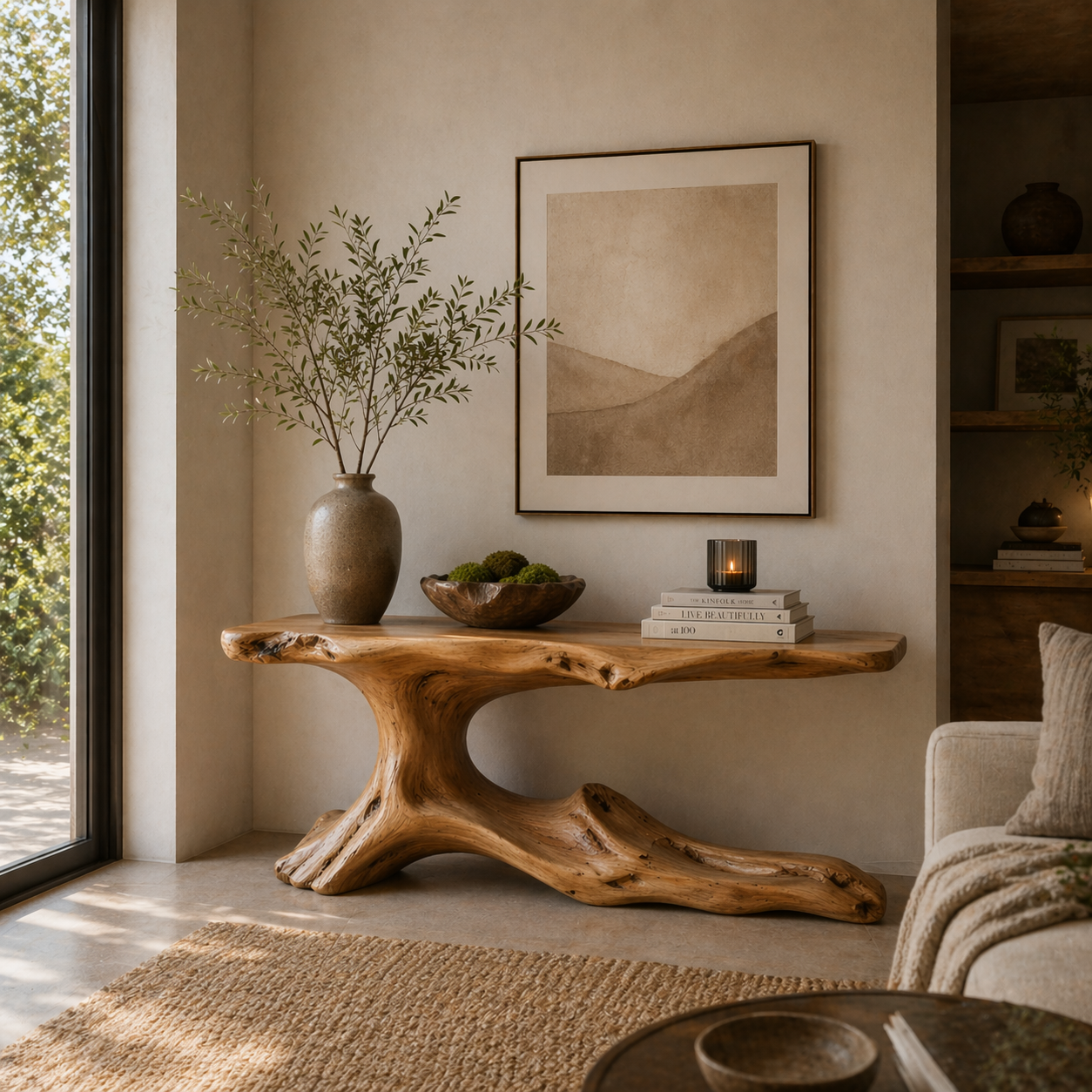Handcrafted Solid Wood Console Table – Sculptural Curved Base Design