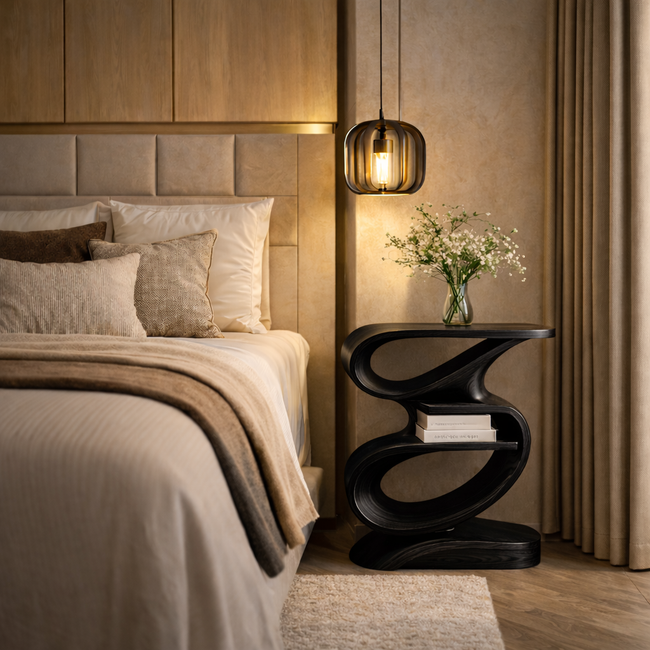 Modern Sculptural Wooden Side Table – Artistic Curved Solid Wood End Table for Living Room or Bedroom Decor Main Image