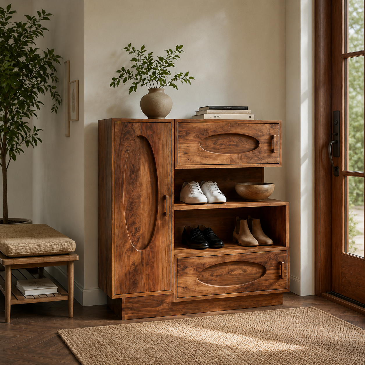 Solid Wood Entryway Shoe Cabinet – Wooden Storage Cabinet with Shelves and Drawers for Home Decor