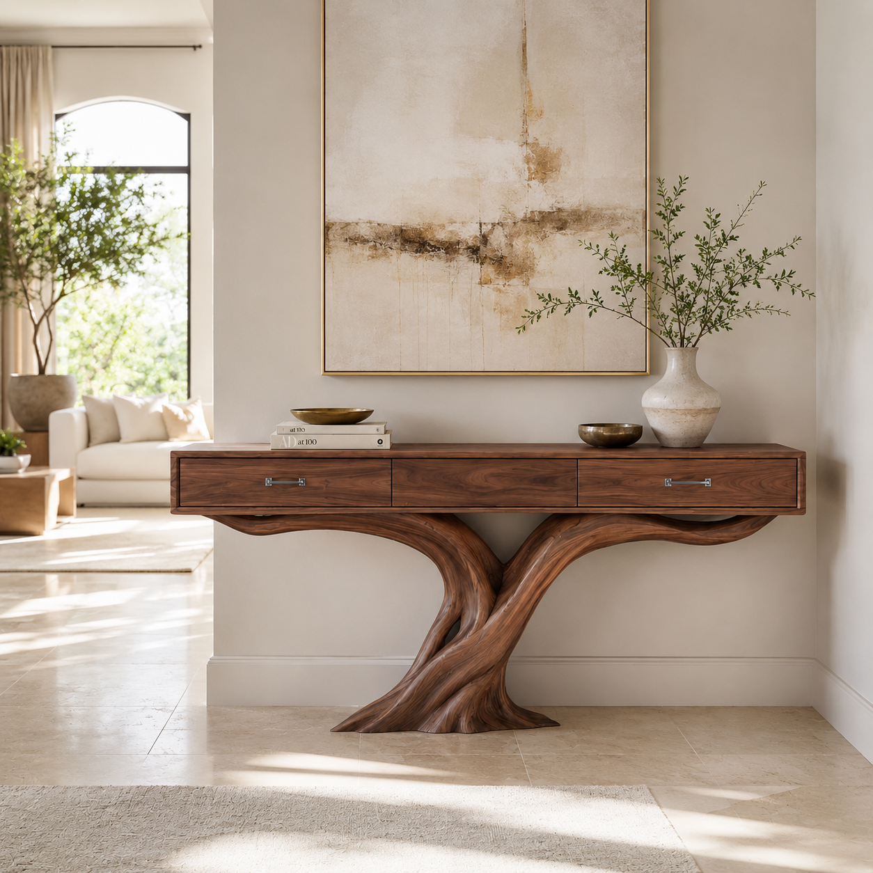Sculptural Console Table – Solid Wood Entryway Table with Curved Base