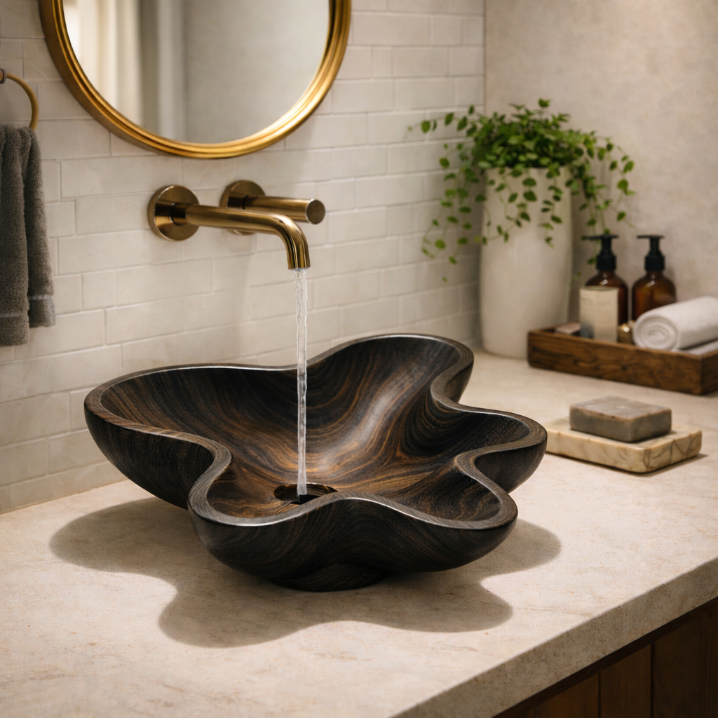 Wooden Floral Sink Basin - Handcrafted Natural Bathroom Sink