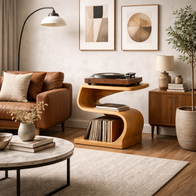 Record Player Stand – Sculptural Solid Wood Stand with Vinyl Storage Hover Image