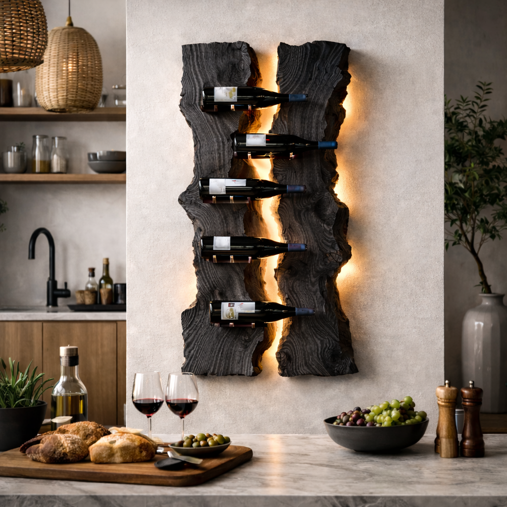 Wall-Mounted Wine Rack – Sculptural Solid Wood Bottle Holder with LED Lighting
