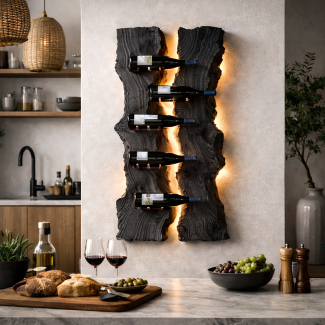 Wall-Mounted Wine Rack – Sculptural Solid Wood Bottle Holder with LED Lighting Main Image